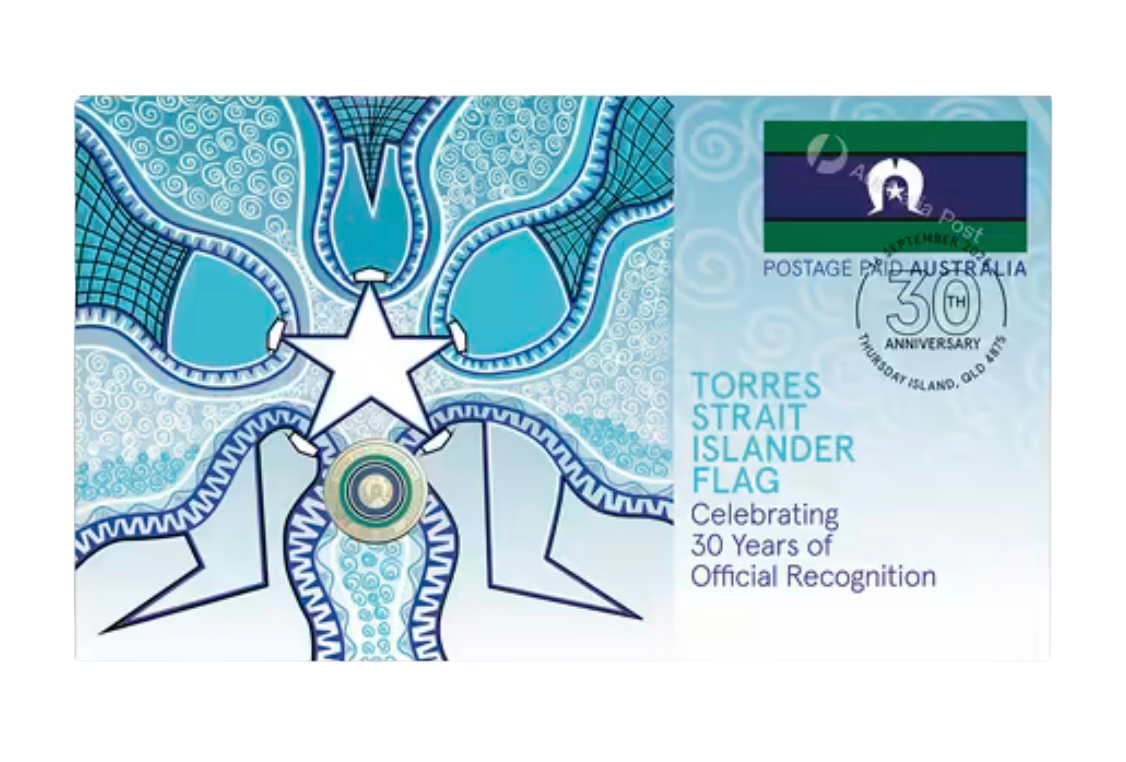 Front view of 2025 Torres Strait Islander Flag PNC featuring Indigenous artwork and commemorative $2 coin
