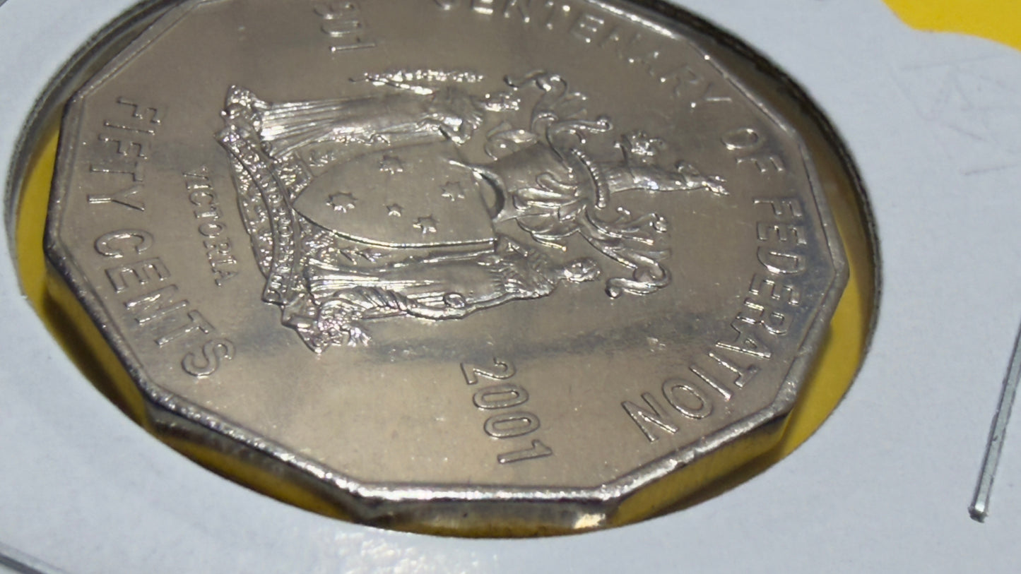 2001 50 Cent Coin - Centenary of Federation VIC - Uncirculated - comes in 2x2