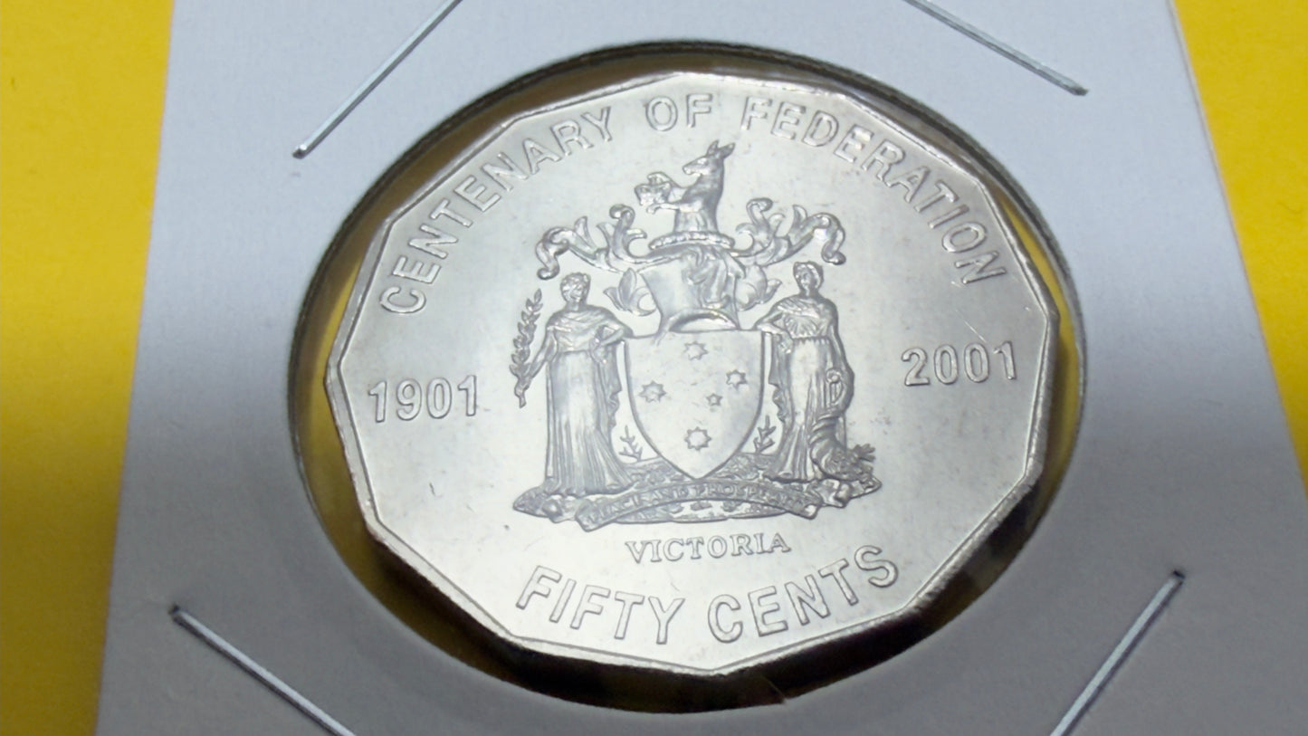 2001 50 Cent Coin - Centenary of Federation VIC - Uncirculated - comes in 2x2