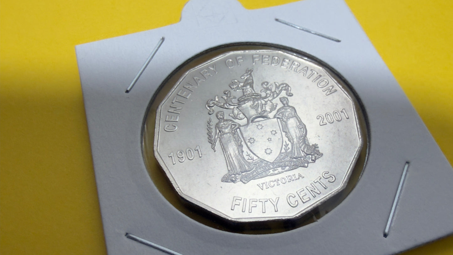 2001 50 Cent Coin - Centenary of Federation VIC - Uncirculated - comes in 2x2