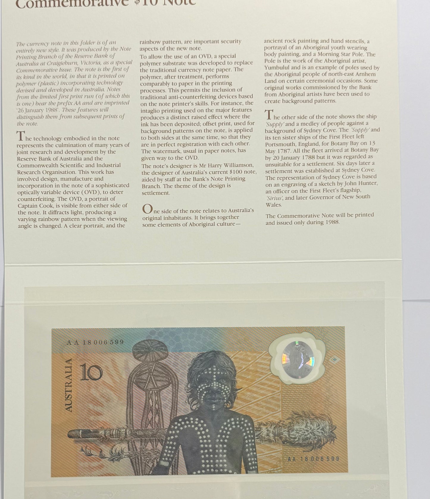 1988 $10 Bicentennial Note folder - Consecutive pair AA 18006599 - AA 18006600 UNC