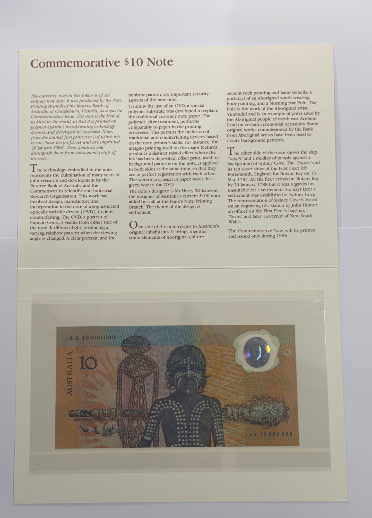 1988 $10 Bicentennial Note folder - Consecutive pair AA 18006599 - AA 18006600 UNC