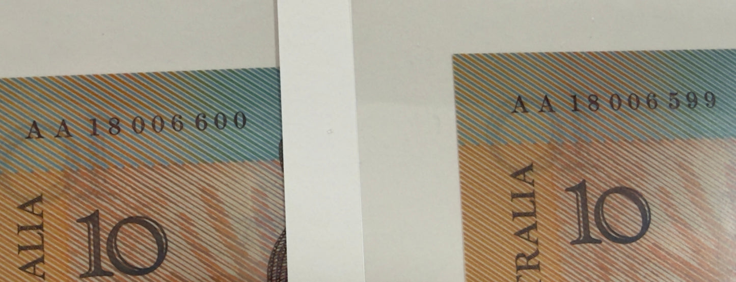 1988 $10 Bicentennial Note folder - Consecutive pair AA 18006599 - AA 18006600 UNC
