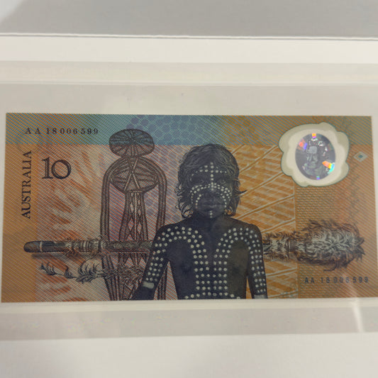 1988 $10 Bicentennial Note folder - Consecutive pair AA 18006599 - AA 18006600 UNC
