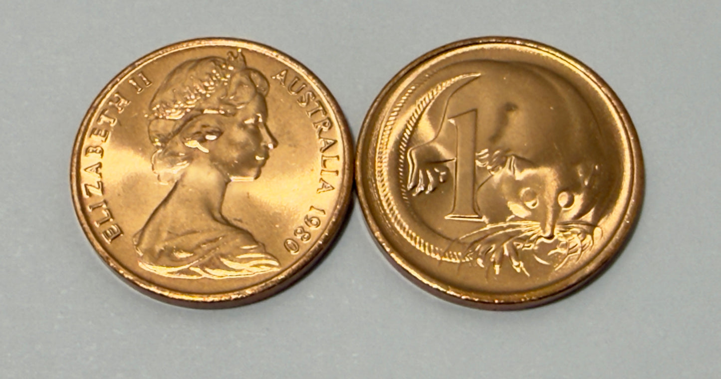 1980 1 Cent Coin - Uncirculated - ex Mint roll - One Cent - comes in 2x2