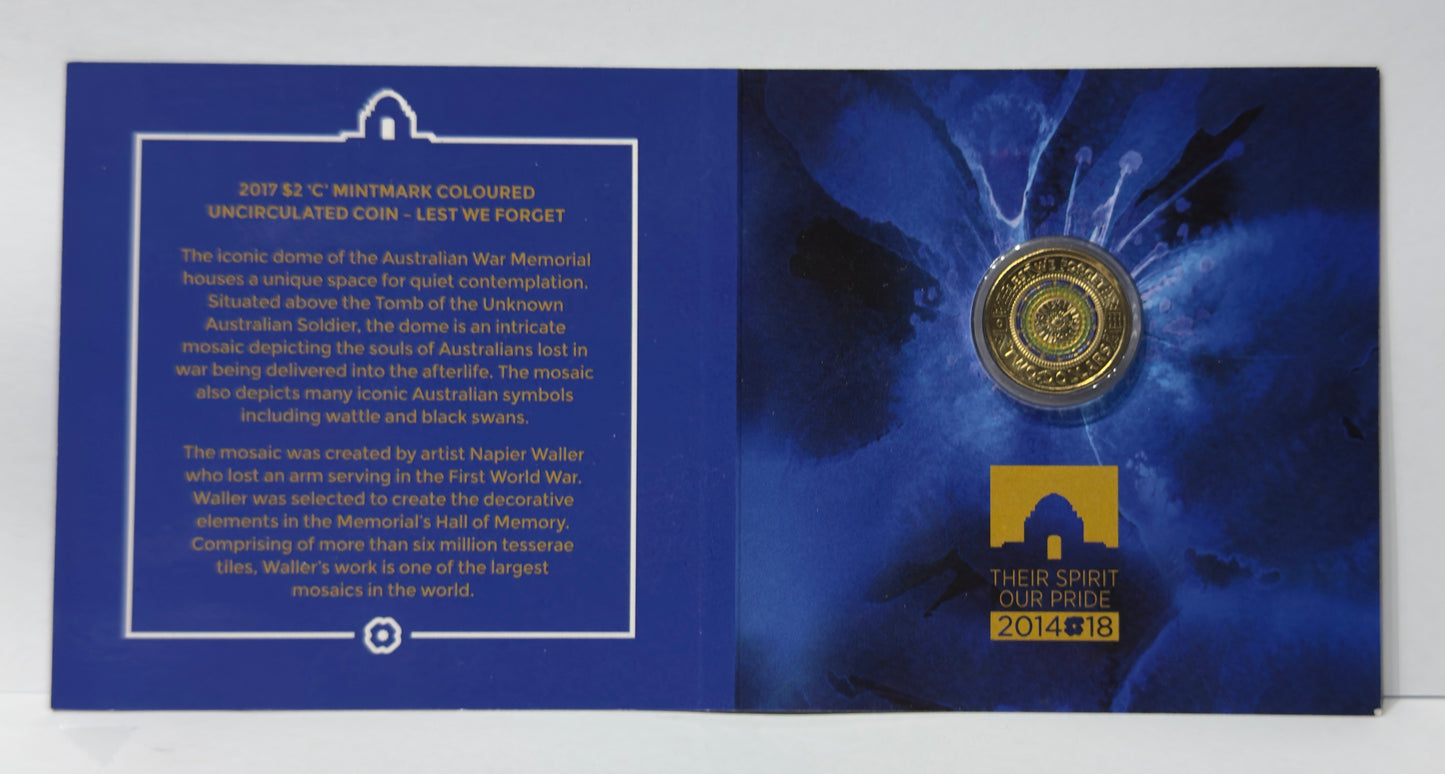 2017 $2 Lest We Forget 'C' Mintmark Coloured Uncirculated Carded Coin 'MOSAIC'