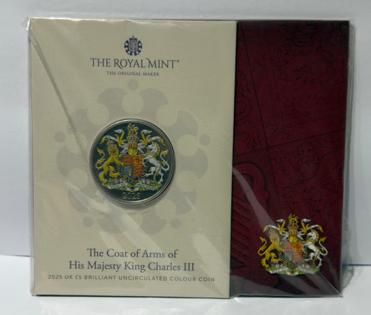 2025 £5 Five Pound Coloured Coin - Coat of Arms of His Majesty King Charles III