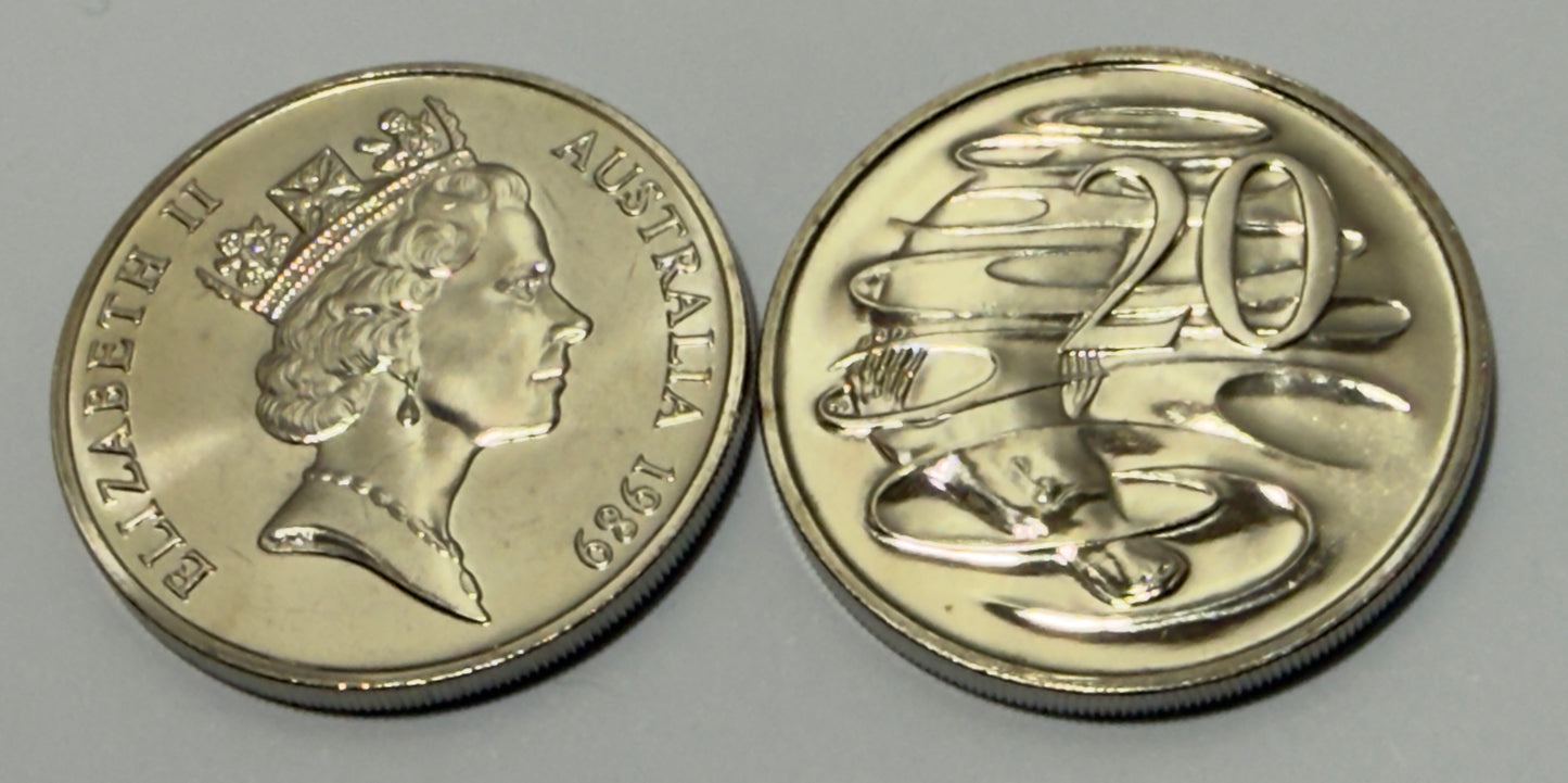 1989 20 Cent Coin - Choice Uncirculated - mint set only coin - comes in 2x2