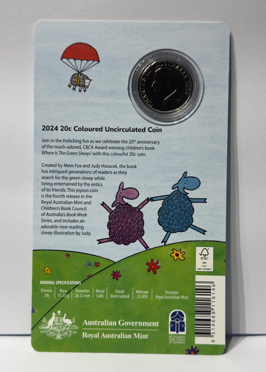 2024 20 Cent Coin - Where Is The Green Sheep - Coloured Coin on Card