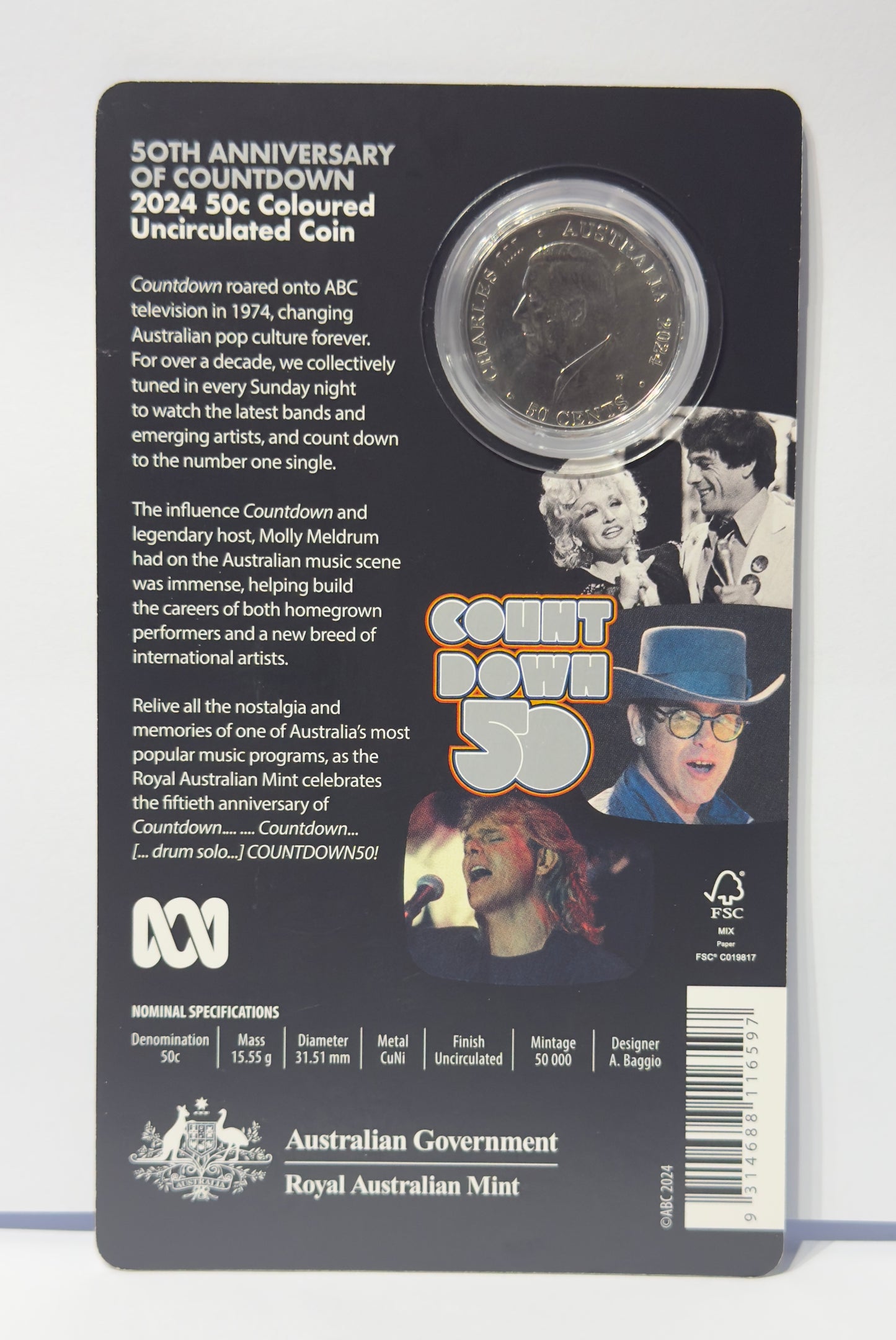 2024 50 Cent Coloured Coin On Card 50th Anniversary Of Countdown