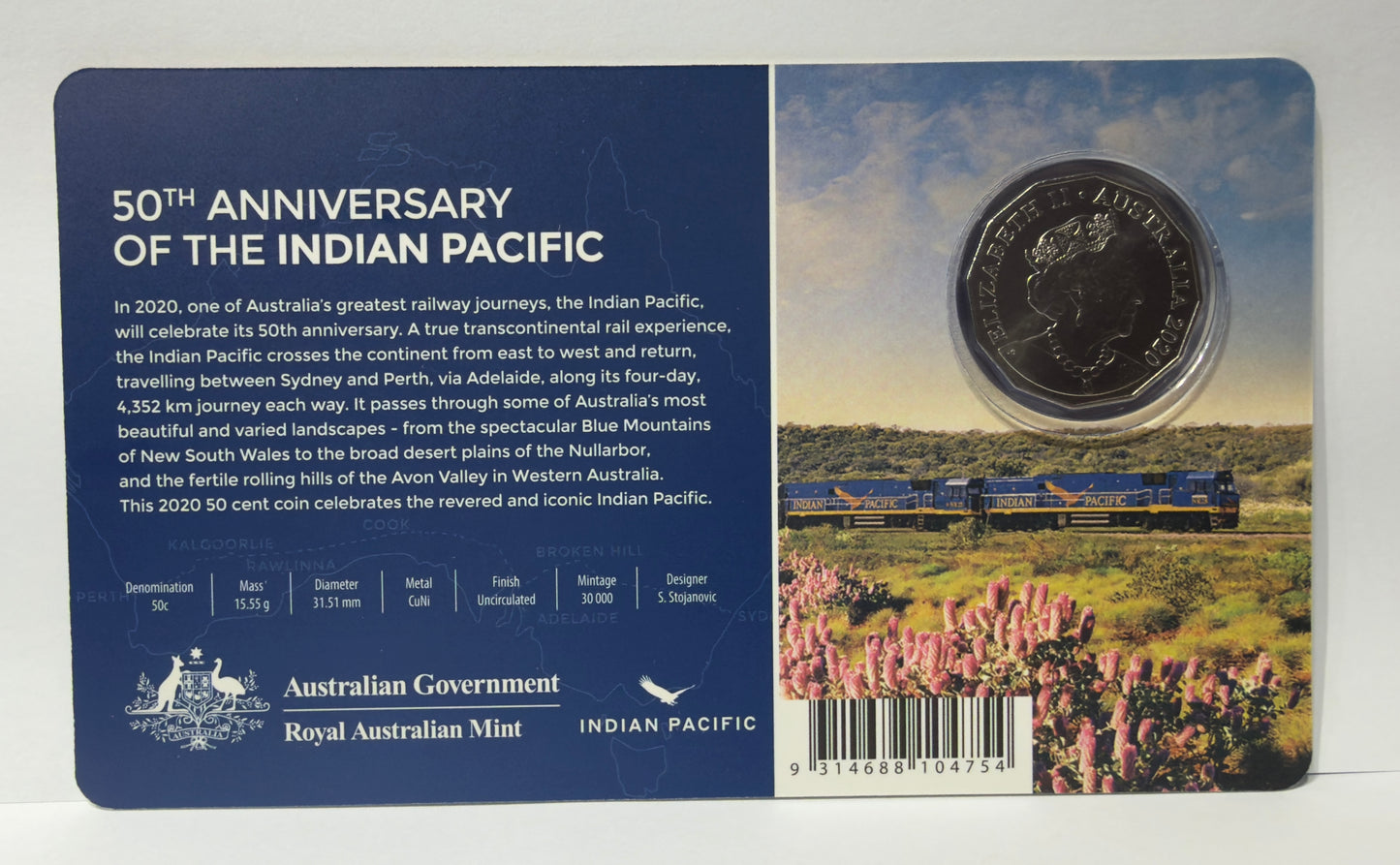 2020 50 Cent - Indian Pacific 50th Anniversary Coloured Carded Uncirculated Coin