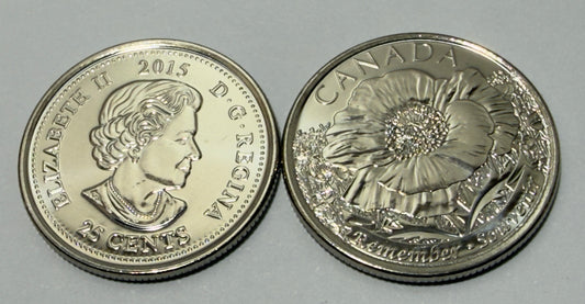 2015 Canadian Poppy Coin - Uncirculated - 25c Quarter - comes in 2x2