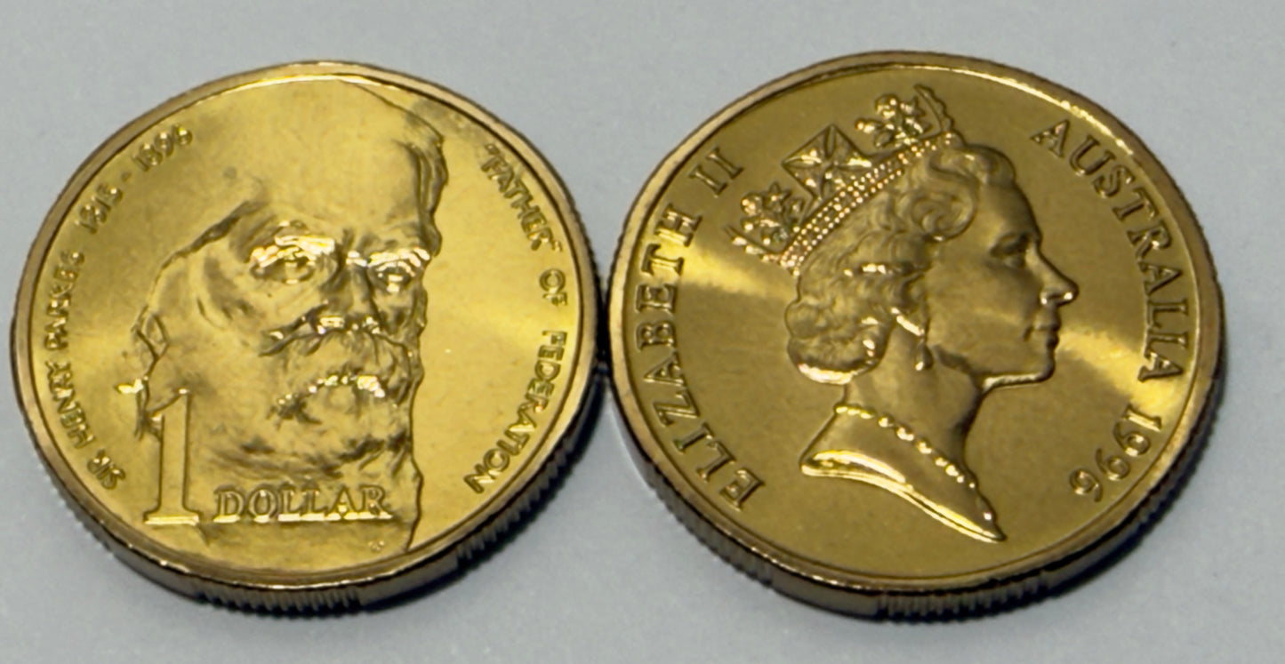 1996 $1 Coin - SIR Henry Parkes - Choice Uncirculated - ex mint set coin -in 2x2