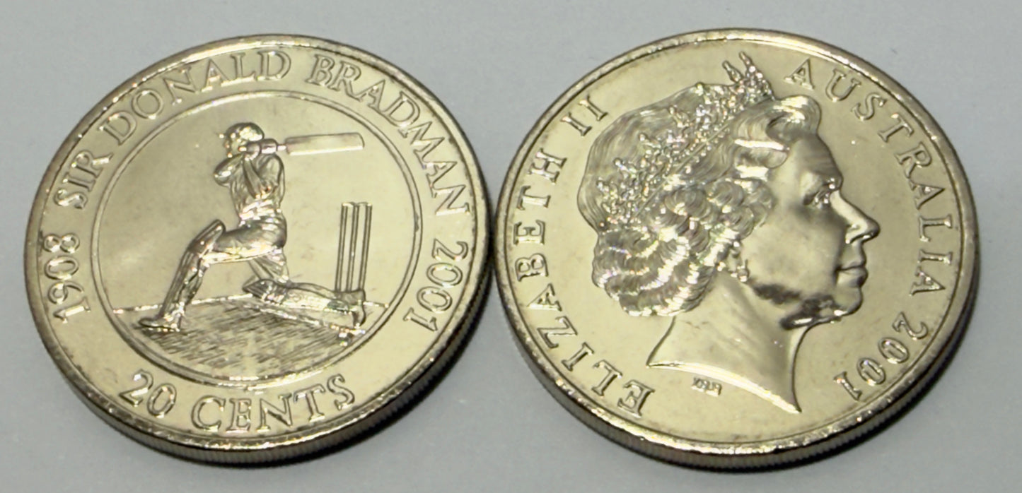 2001 20 Cent Coin - Sir Donald Bradman - Uncirculated - comes in 2x2