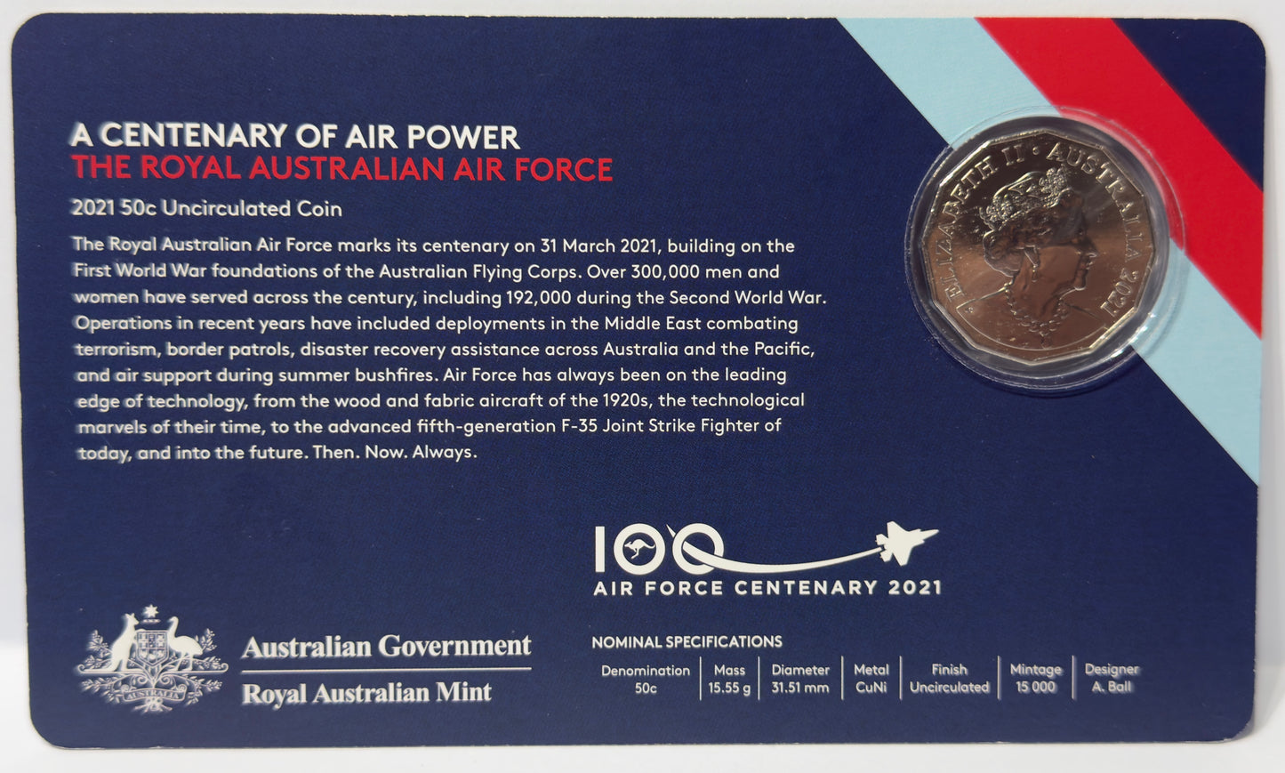 2021 50 Cent Coin - A Century of Air Power - Carded Uncirculated - 15k minted