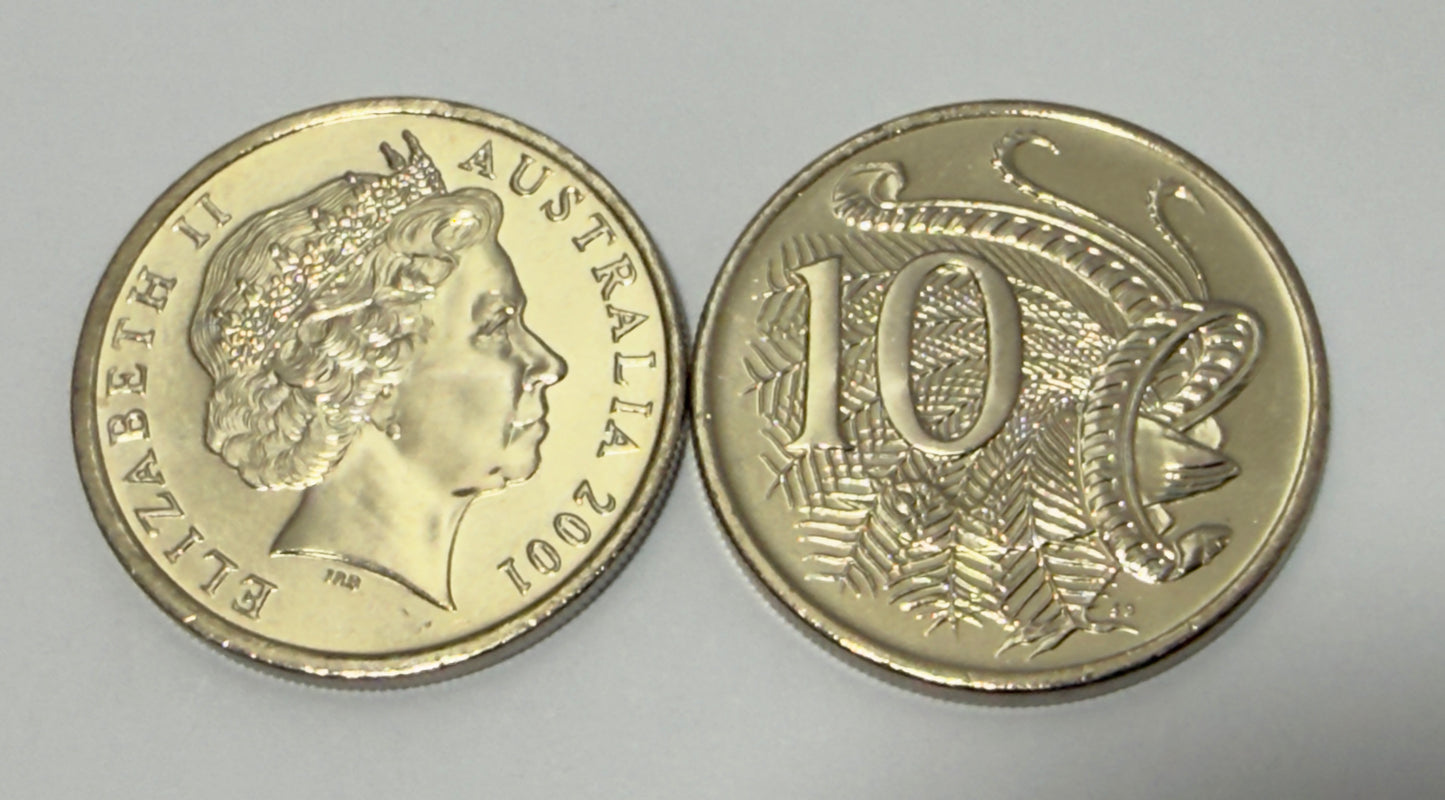 2001 10 Cent Coin - 10c - Uncirculated Ten Cent -comes in 2x2