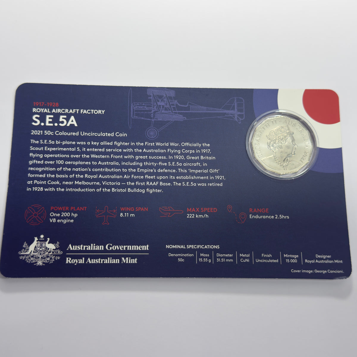 2021 50 Cent Coloured Coin - Royal Aircraft Factory S.E.5A - Uncirculated