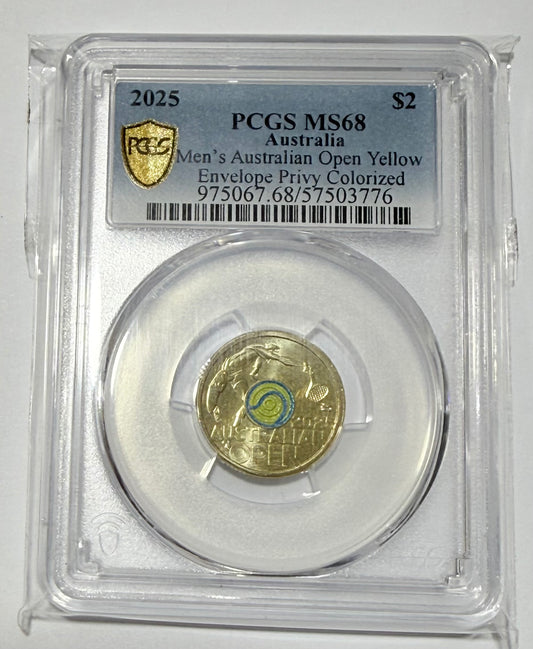 2025 $2 Mens Aus Open Yellow Envelope Privy - PCGS MS68
