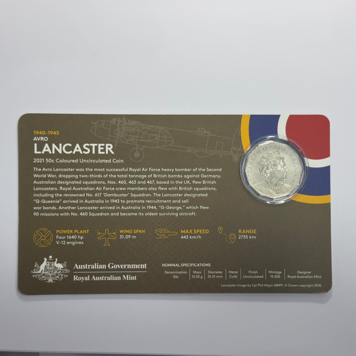 2021 50 Cent Coloured Coin - AVRO Lancaster - Uncirculated 50c