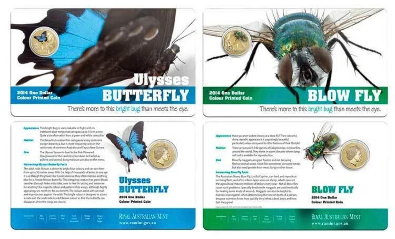 2014 Bright Bugs $1 Coloured Coins - Carded set of 6 - New Age Numismatics
