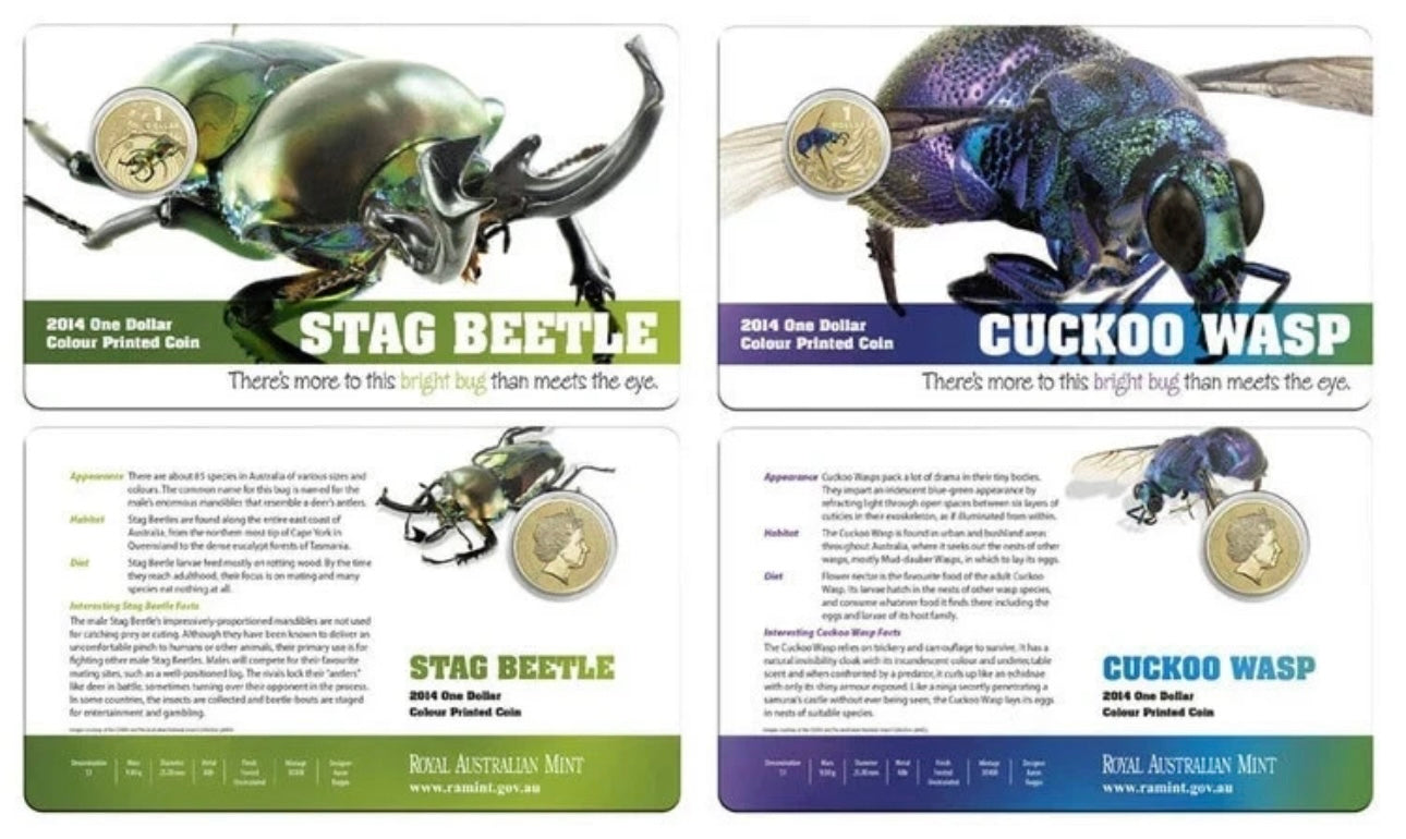 2014 Bright Bugs $1 Coloured Coins - Carded set of 6 - New Age Numismatics