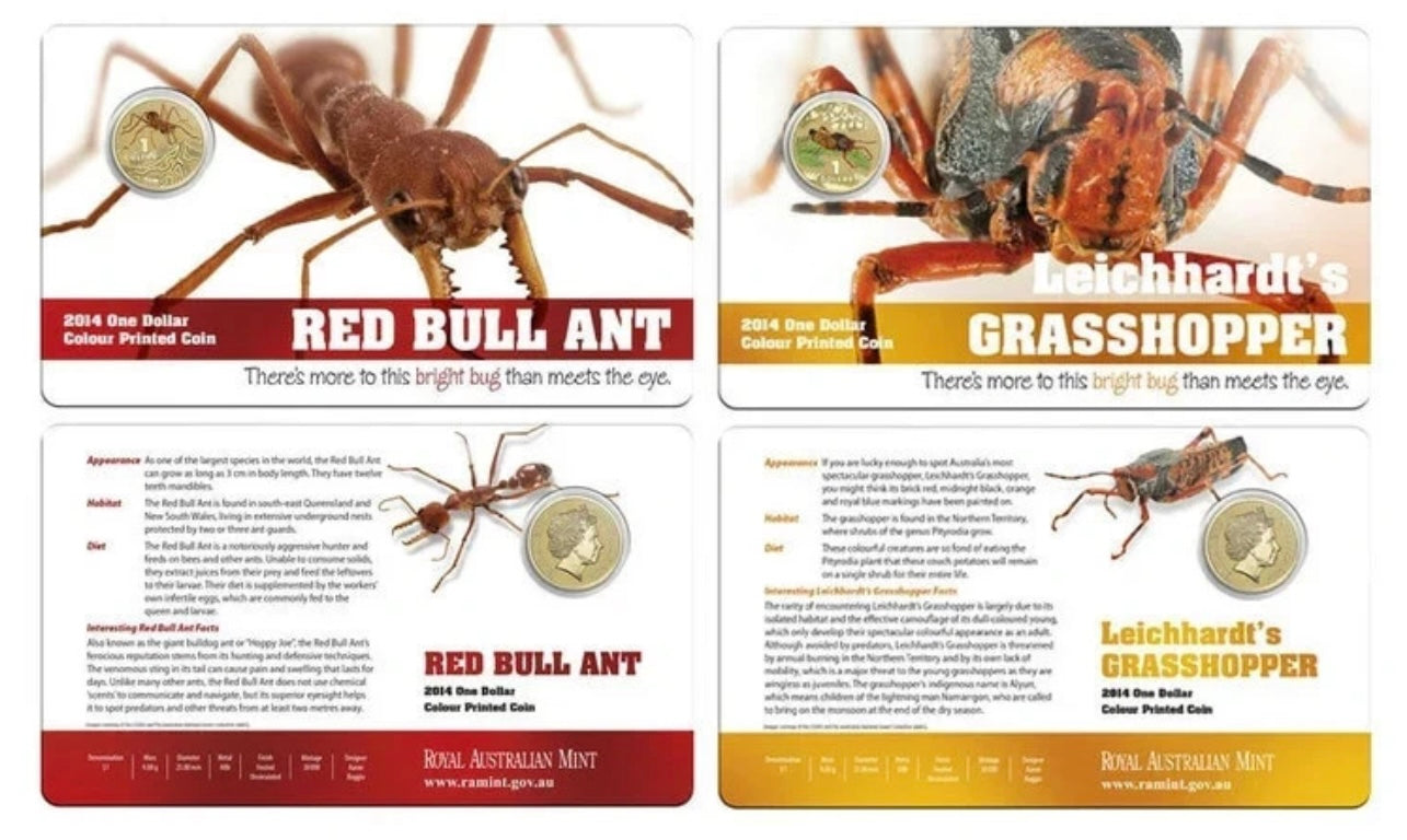 2014 Bright Bugs $1 Coloured Coins - Carded set of 6 - New Age Numismatics