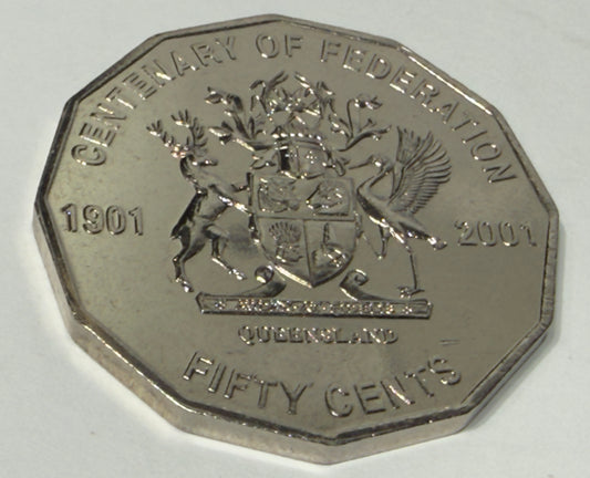 2001 50 Cent Coin - Uncirculated - Centenary of Federation QLD - comes in 2x2
