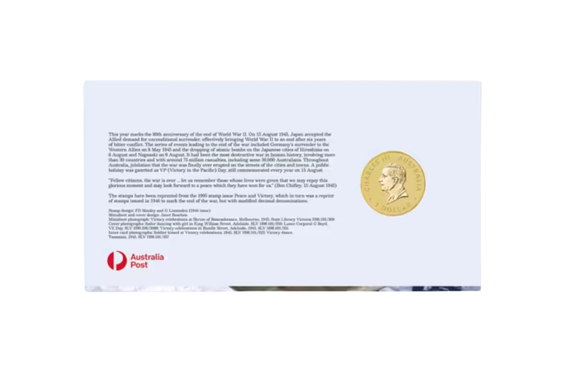 Reverse side of 2025 WWII 80th Anniversary PNC with historical context and coin specifications
