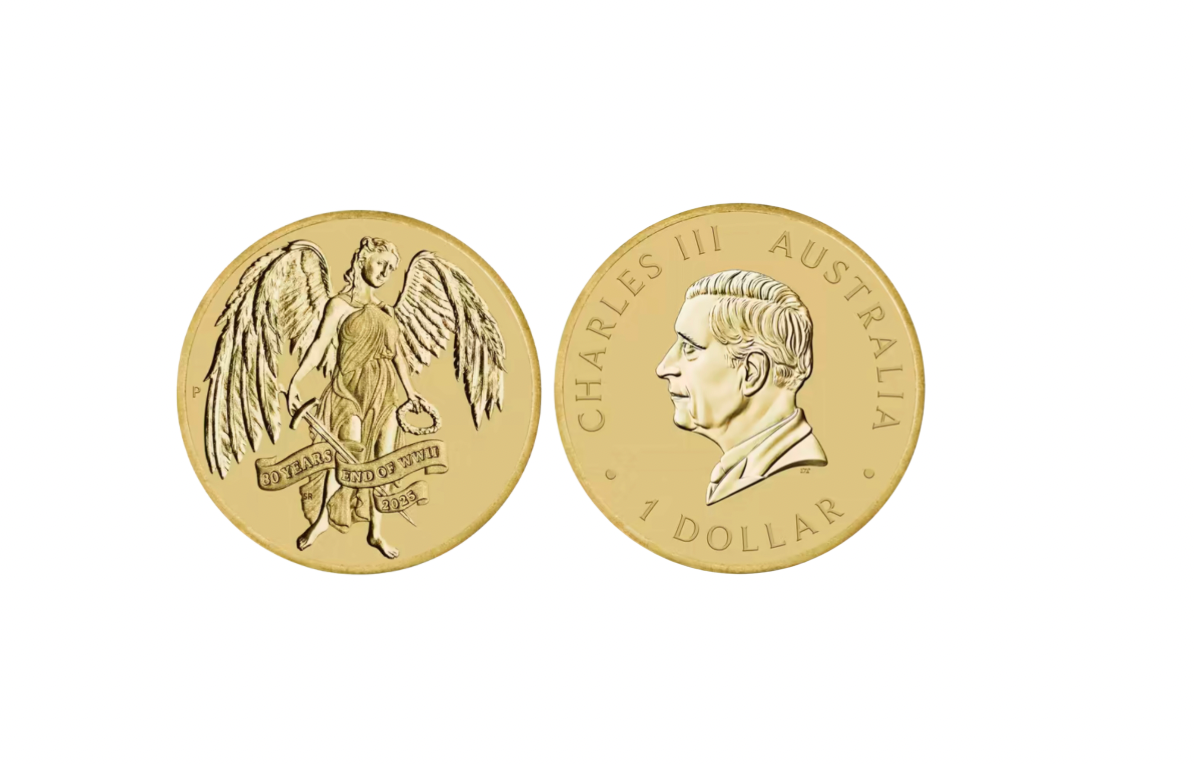 Close-up of 2025 WWII Remembrance $1 coin featuring commemorative design and King Charles III portrait

