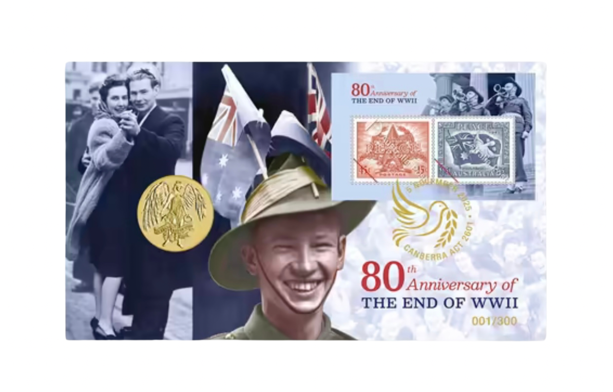 Front view of 2025 End of WWII Remembrance PNC showing military commemoration and limited edition details
