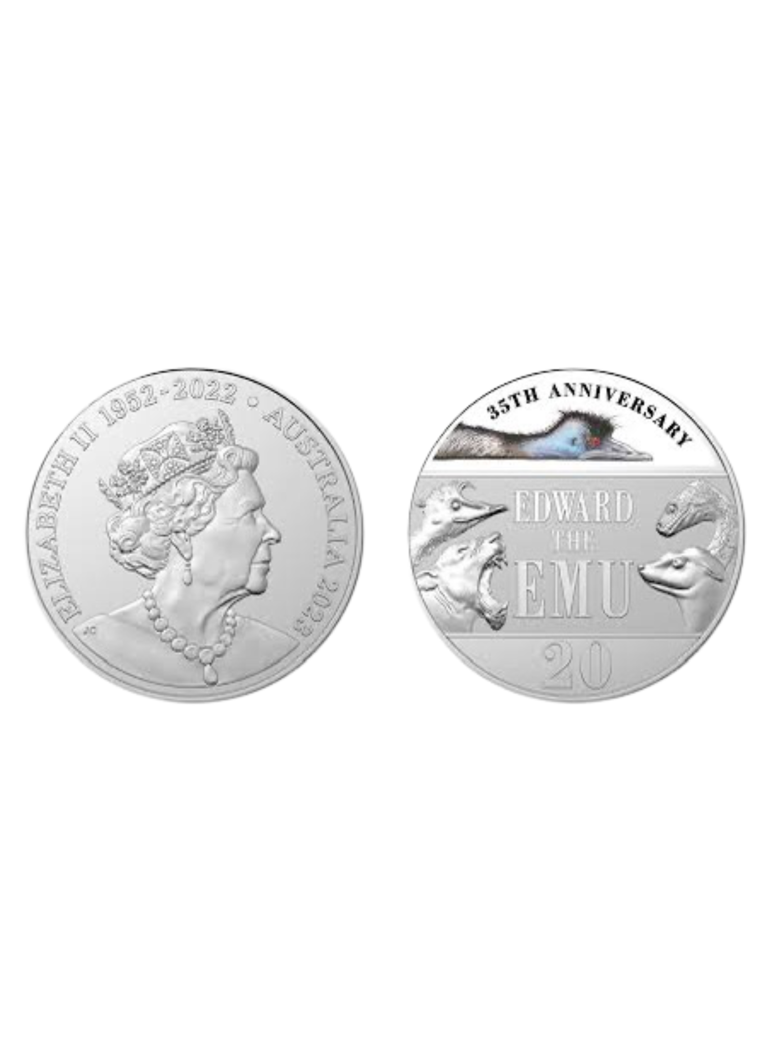 Obverse and reverse of the 2023 Australian Edward the Emu 20-cent coin, showing the Queen Elizabeth II effigy on one side and the Edward the Emu 35th anniversary design with animal characters on the other