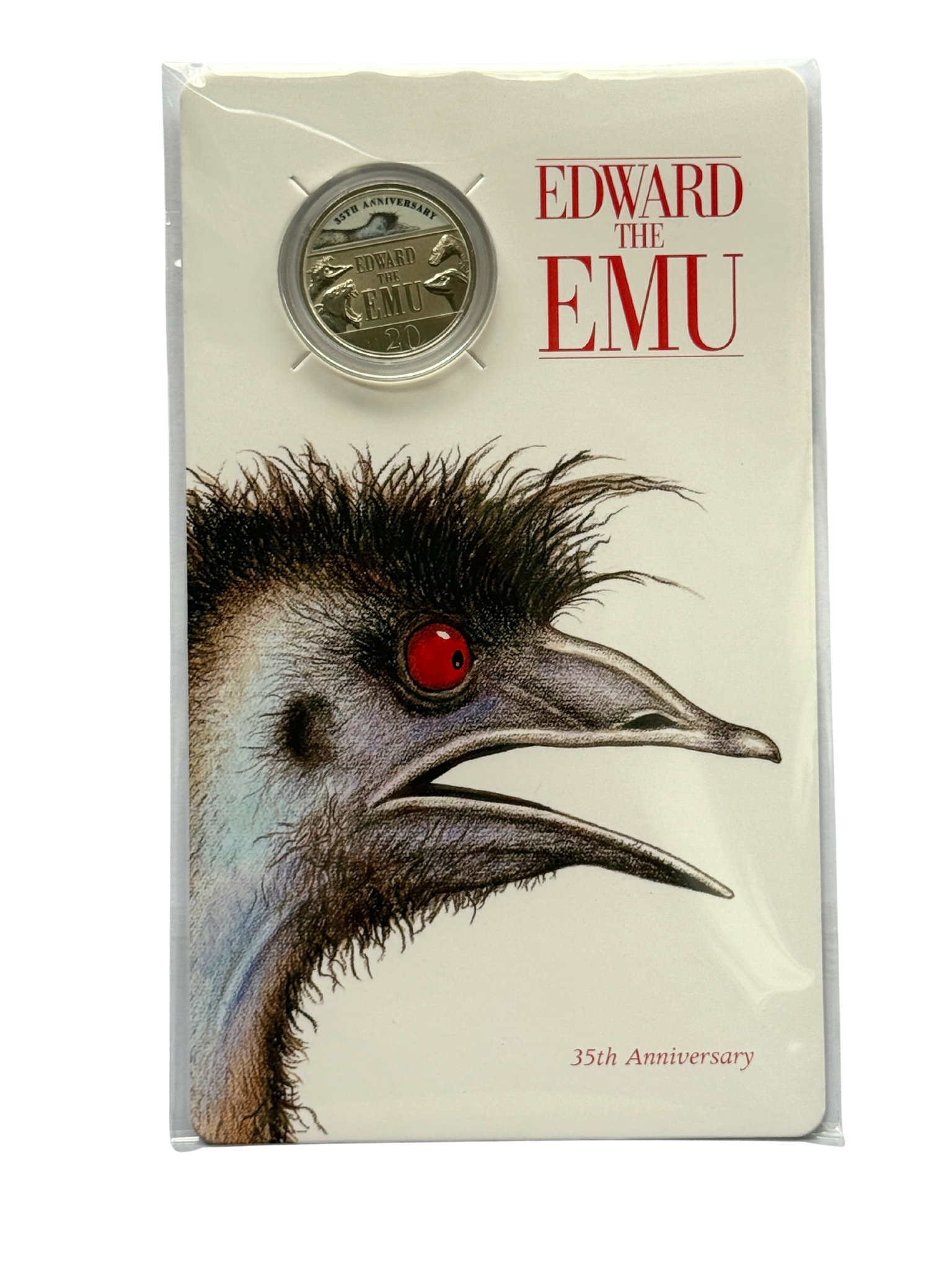 Front of the Edward the Emu 35th anniversary presentation card, featuring a large illustrated emu head with red eye, the title Edward the Emu, and a mounted 2023 Australian 20-cent uncirculated coin at the top