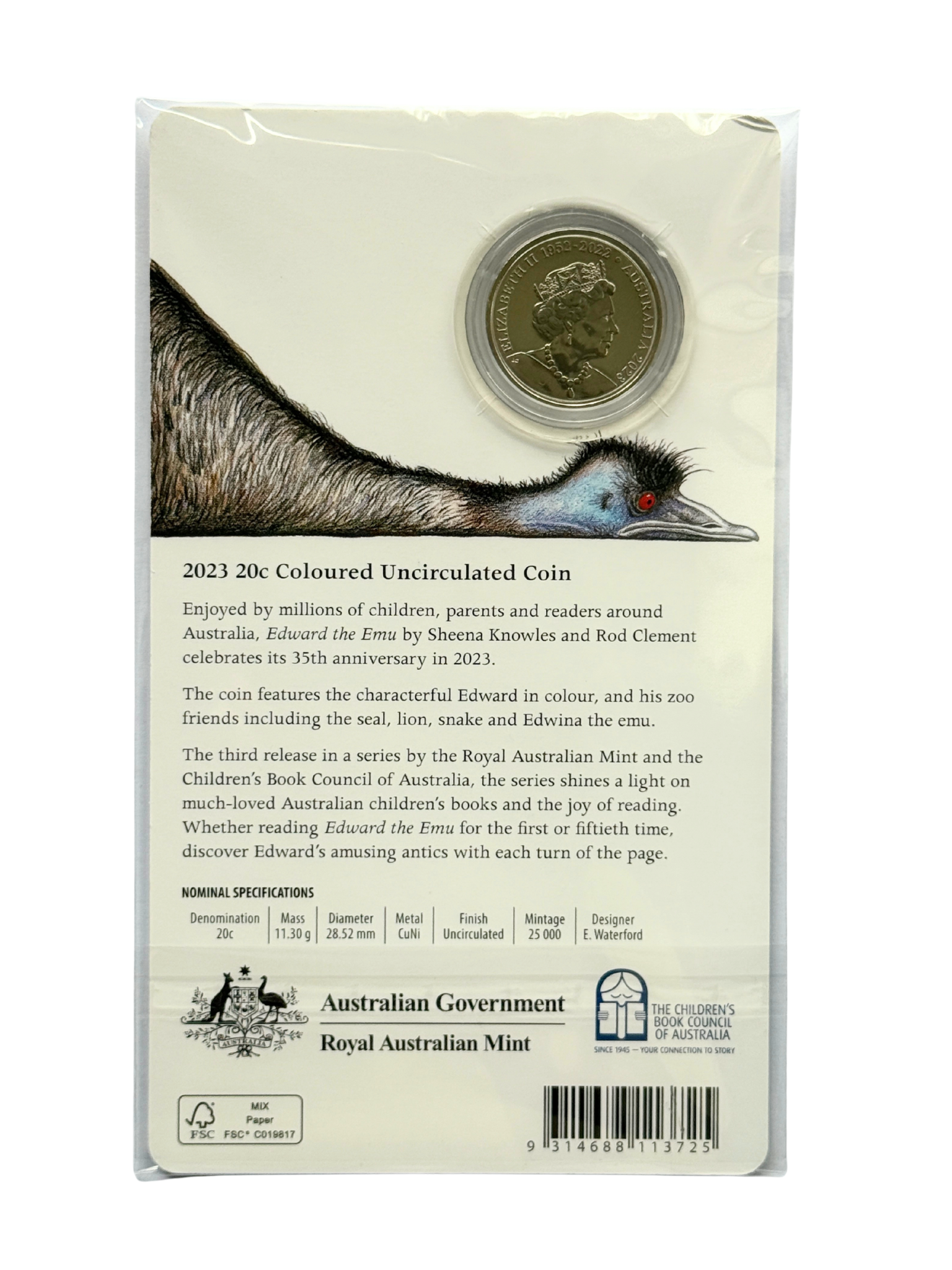 Back of the Edward the Emu 35th anniversary presentation card, showing a mounted 2023 Australian 20-cent uncirculated coin, an illustrated emu stretching across the card, descriptive text, specifications, and Royal Australian Mint and Children’s Book Council of Australia logos