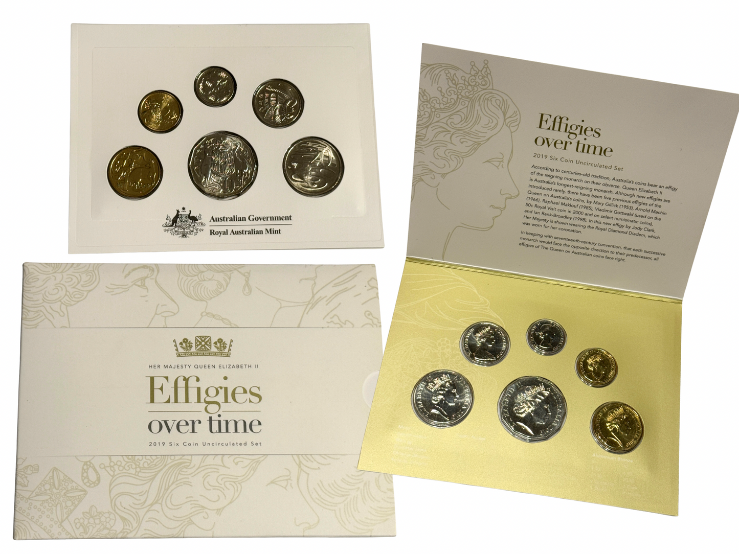 Set of coins in display cases with 'Effigies over time' text and branding.