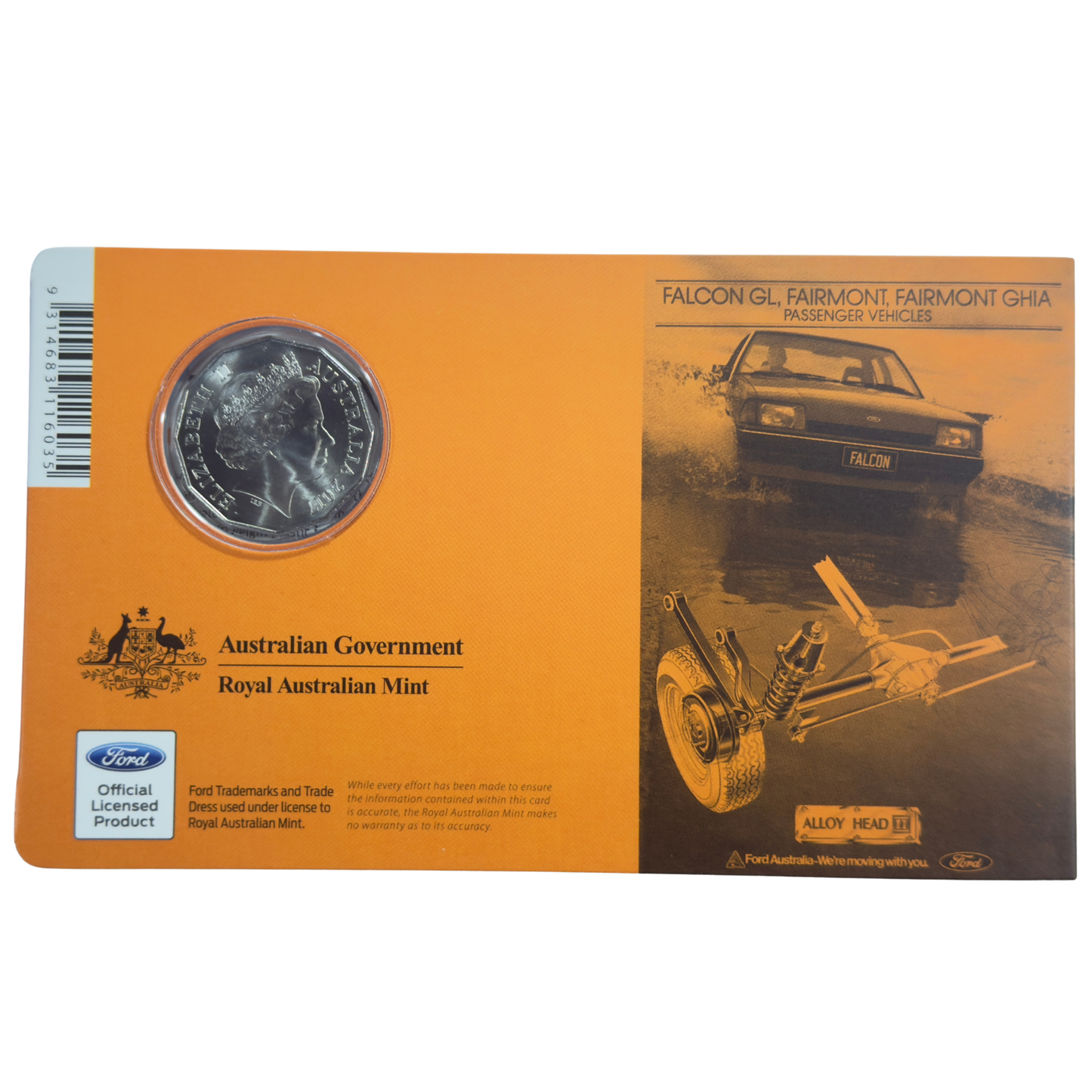 2017 50 Cent Coloured Coin - 1982 FORD XE FALCON ESP - Uncirculated Carded