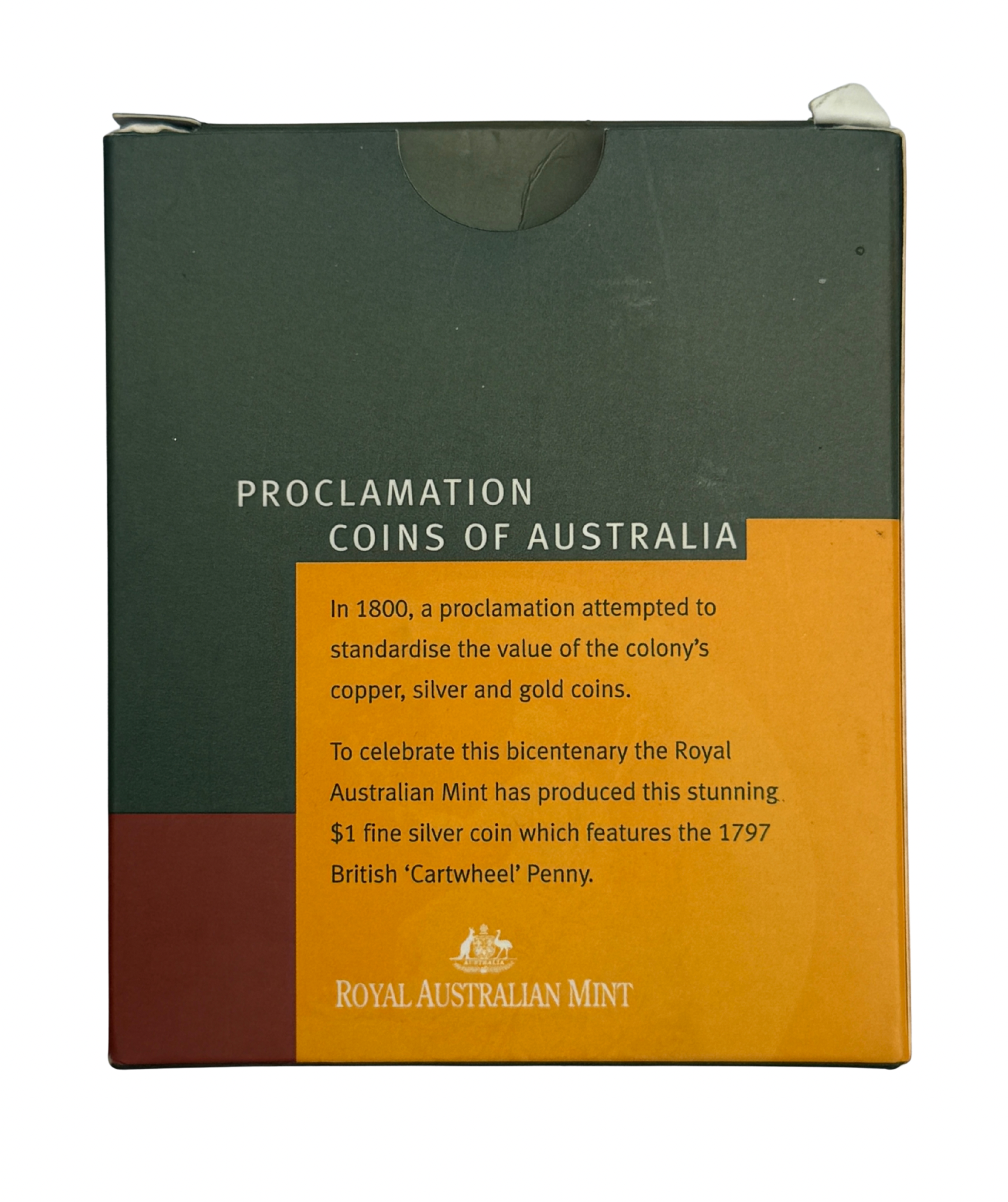 Proclamation Coins of Australia $1 fine silver coin packaging from the Royal Australian Mint celebrating the 1800 proclamation and featuring the 1797 British Cartwheel Penny