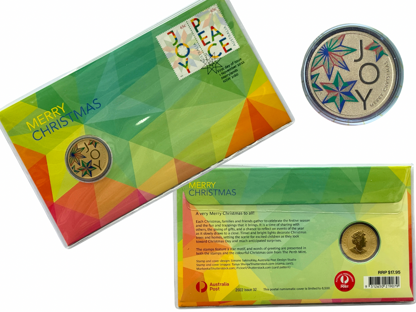 Colorful Christmas-themed PNC with a $1 coin featuring 'JOY' and 'PEACE'.