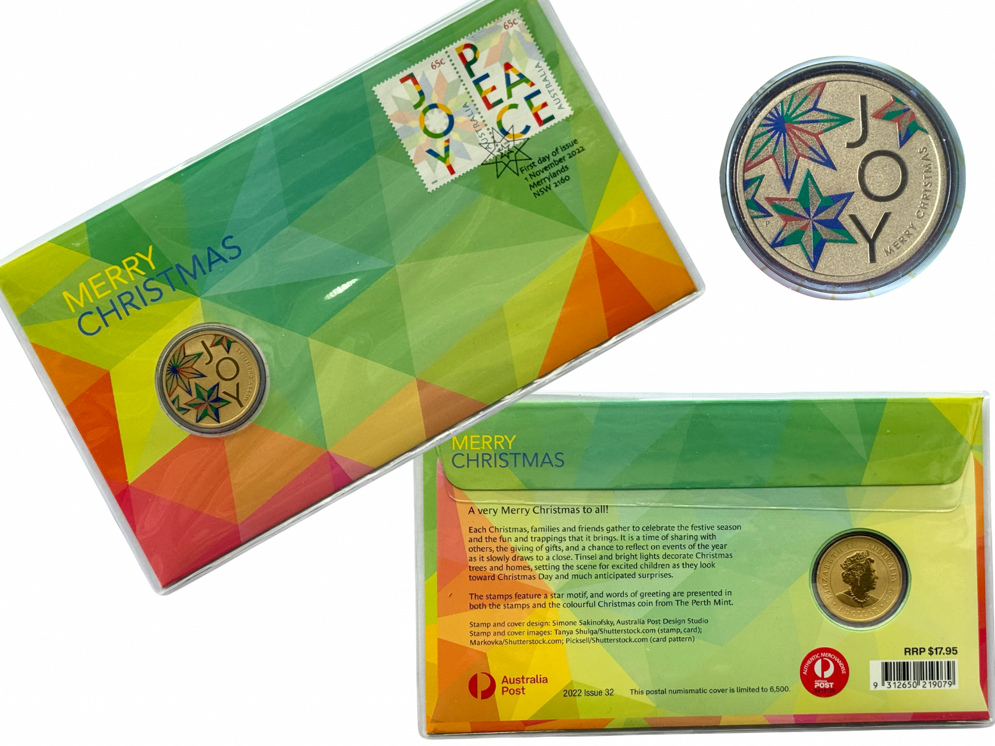 Colorful Christmas-themed PNC with a $1 coin featuring 'JOY' and 'PEACE'.