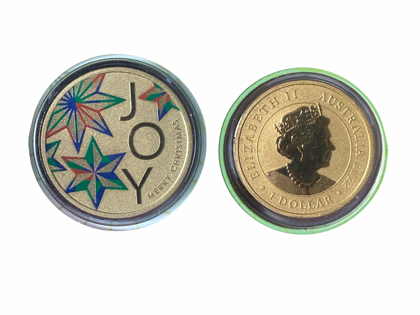 Coin displaying 'JOY' and colorful stars,  featuring a portrait and 'ELIZABETH II AUSTRALIA 1 DOLLAR'. on the second obverse picture 