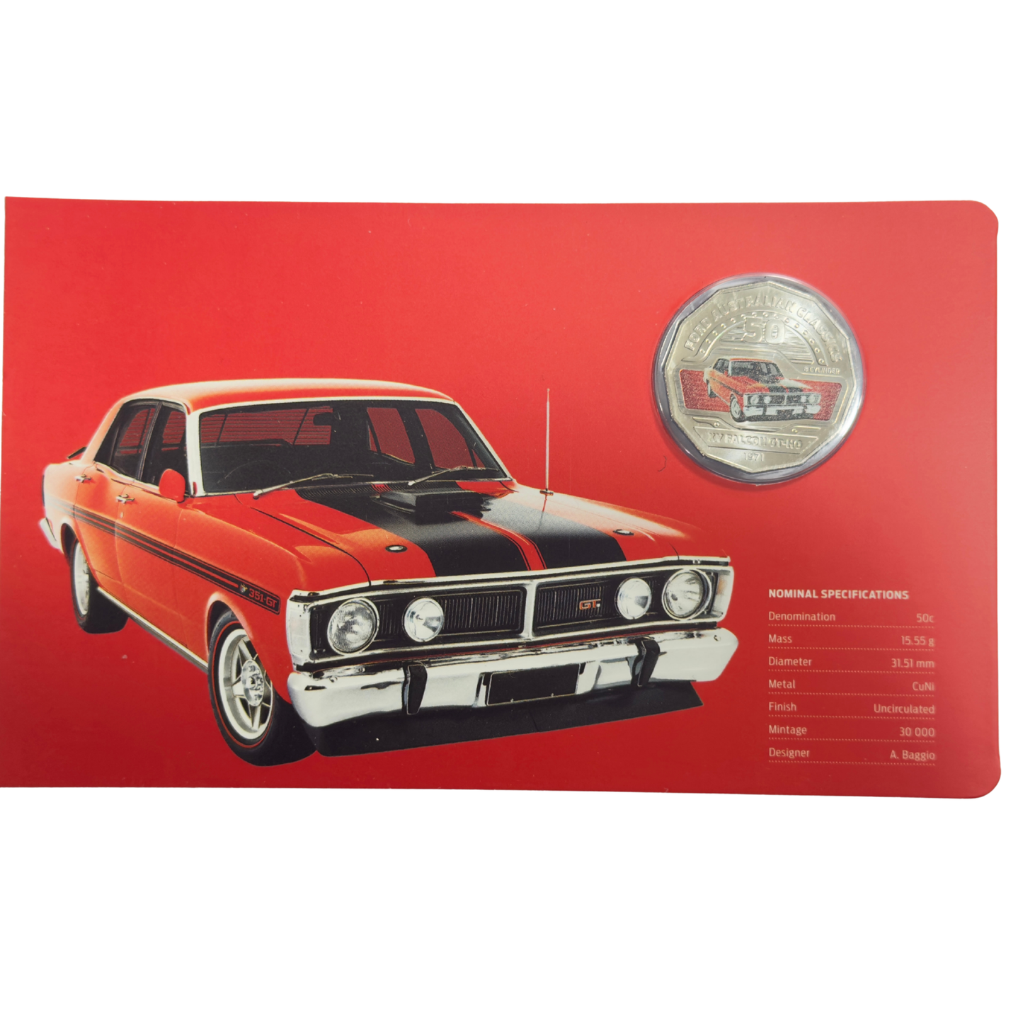 2017 50 Cent Coloured Coin - 1971 FORD XY GT-HO PHASE III - Uncirculated on Card