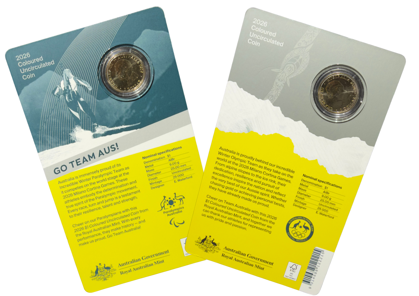 Australia 2026 Pair $1 Coloured Uncirculated Coins - Winter Olympics (2 COINS)