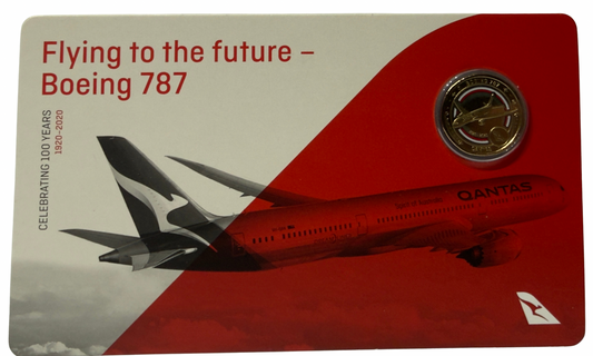 2020 $1 Coloured Qantas 787 Coin - Celebrating 100 Years - Carded Uncirculated