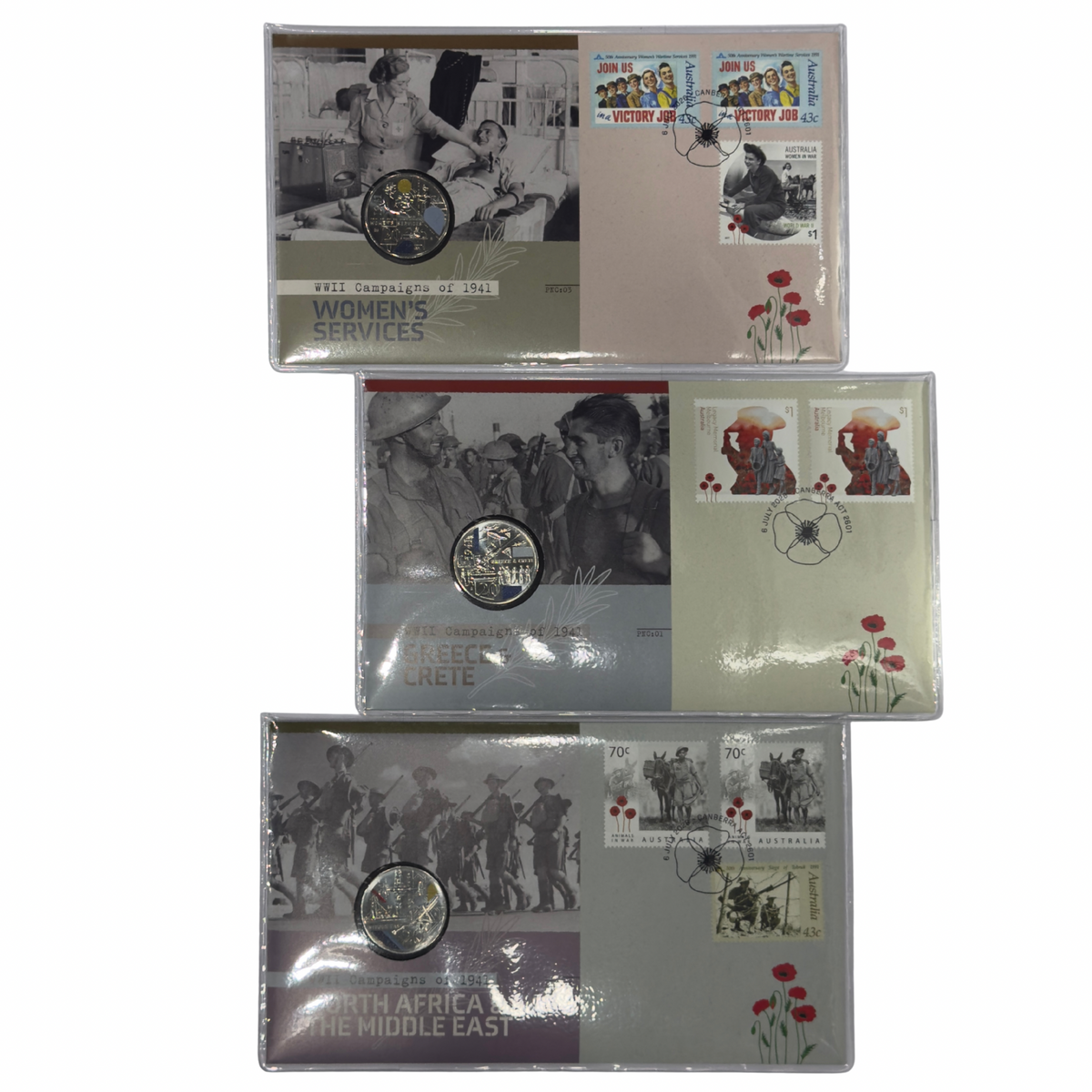 2026 Coloured 20 Cent PNC Set of 3 - WWII Campaigns of 1941 - Twenty Cent 20c Uncirculated