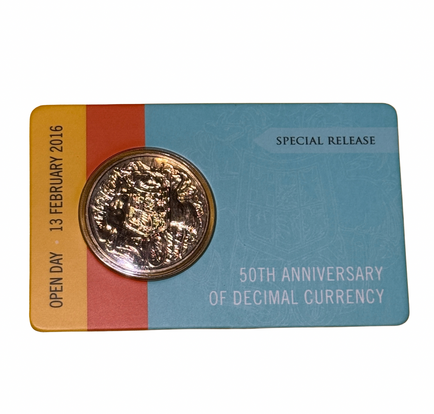 2016 Round 50 Cent Gold Plated - 50th Anniversary of Decimal Currency - Open Day Card - New Age Numismatics