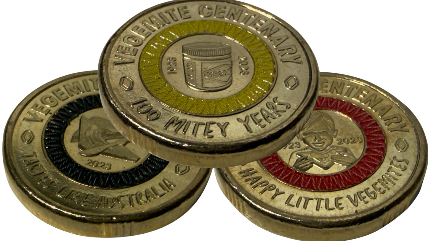 2023 $2 Vegemite 3 Coin Set Red Black Yellow Uncirculated in Capsules