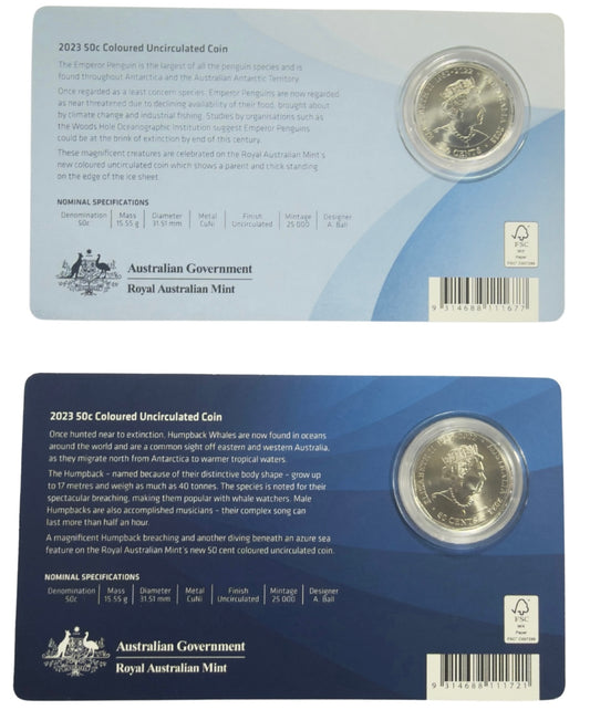 2023 Coloured 50 Cent Coins - Emperor Penguin & Humpback Whale (1 of each)