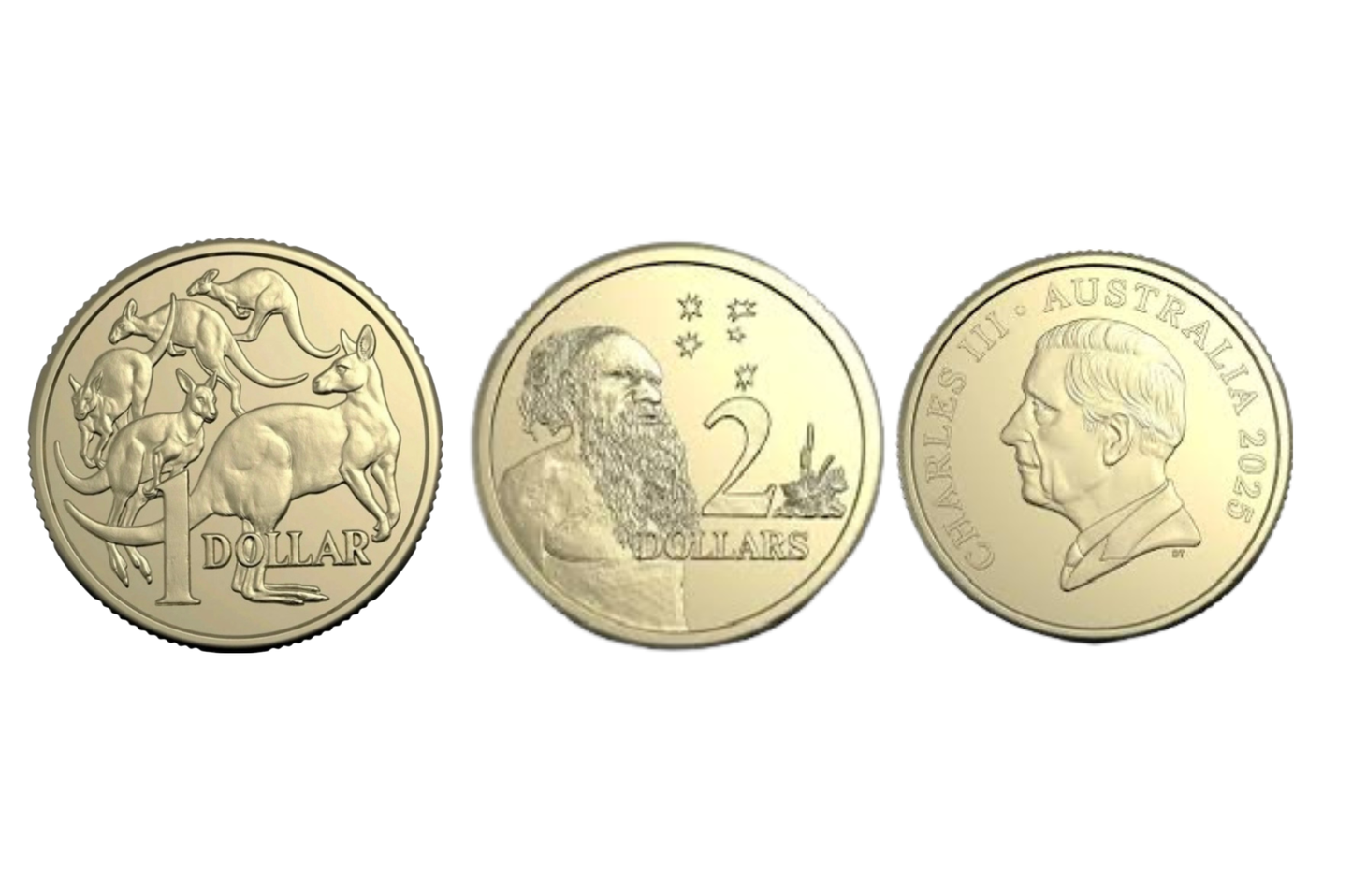 Detail view of $1 & $2 coin from 2025 ANDA Sydney Money Expo set with special overprint marking
