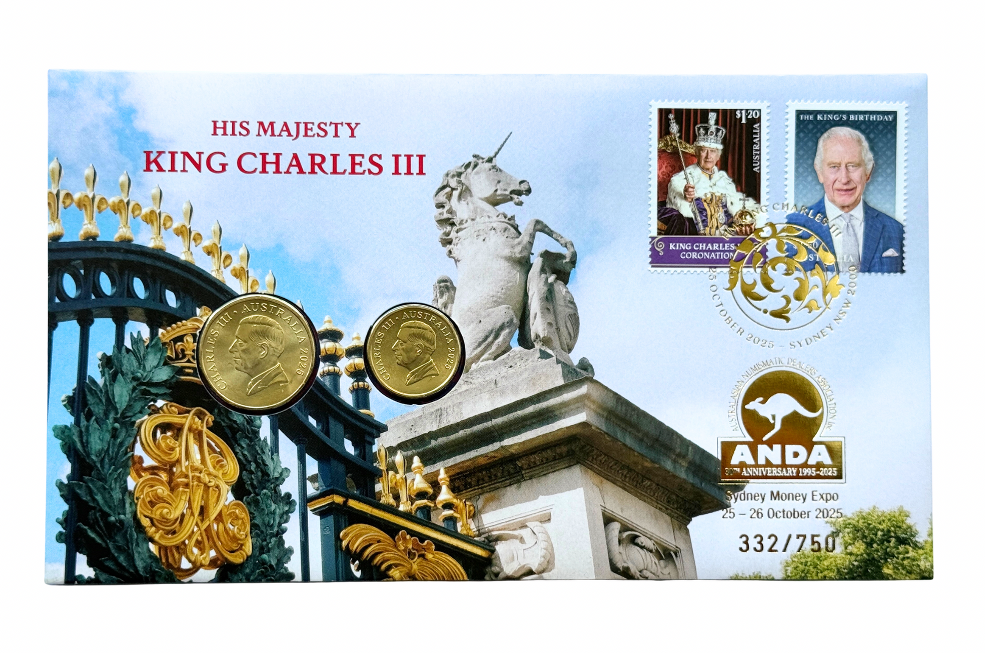 Close-up of 2025 ANDA overprint $1 and $2 coins showing King Charles III portrait and Sydney Money Expo privy mark
