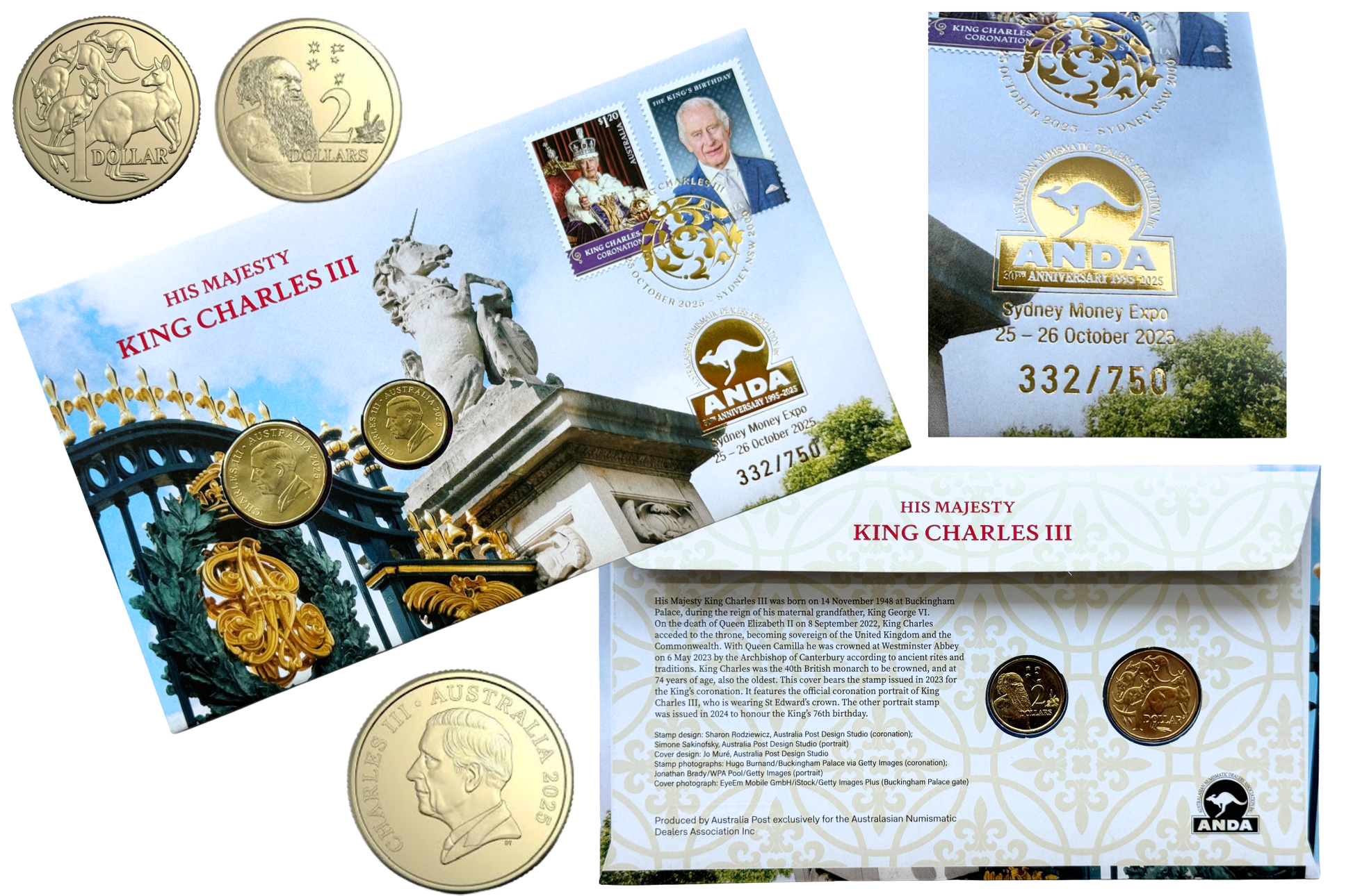 2025 ANDA Sydney Money Expo postal numismatic cover featuring $1 and $2 coins with King Charles III obverse, commemorating the Australian Numismatic Dealers Association event
