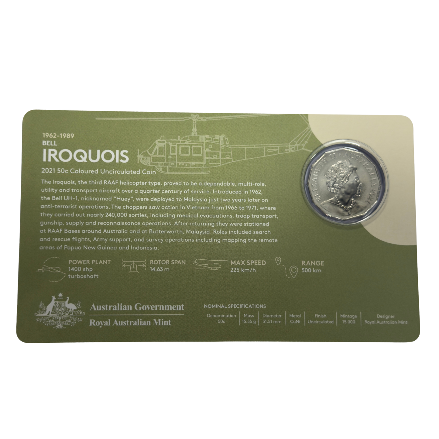 2021 50 Cent Coloured Coin - BELL IROQUOIS - Uncirculated 50c